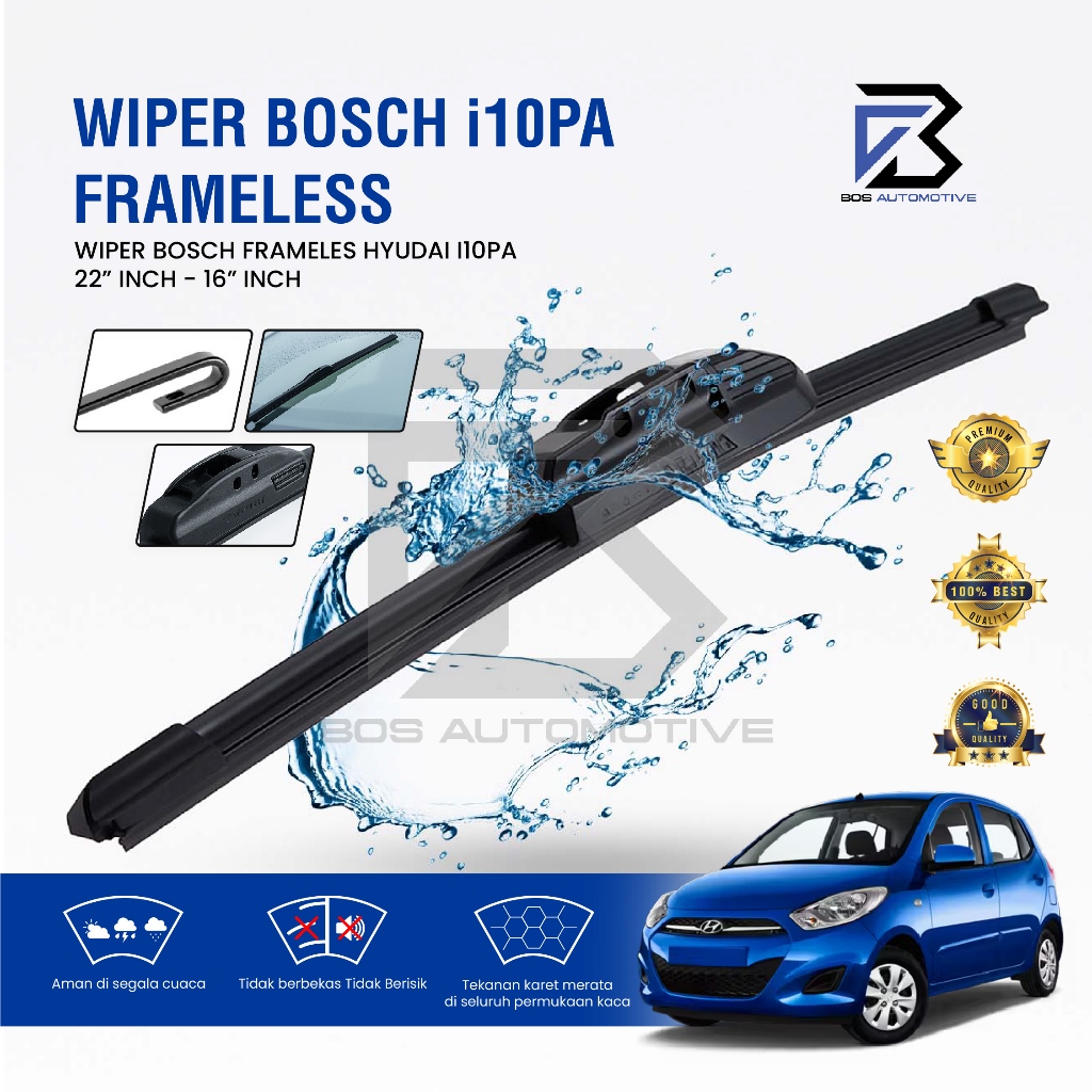 Wiper Blade BOSCH Clear Frameless Karet | Advantage Besi Kipas Kaca Depan Mobil NEW HYUNDAI i10 PA Frame Hook 22" - 16" Inch Original - foto-sampul