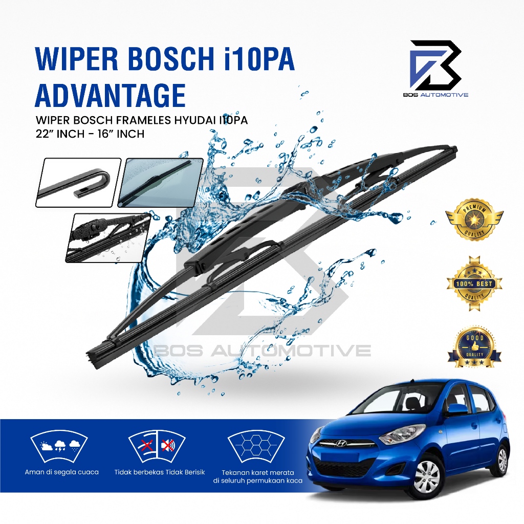 Wiper Blade BOSCH Clear Frameless Karet | Advantage Besi Kipas Kaca Depan Mobil NEW HYUNDAI i10 PA Frame Hook 22" - 16" Inch Original - foto-variasi-1
