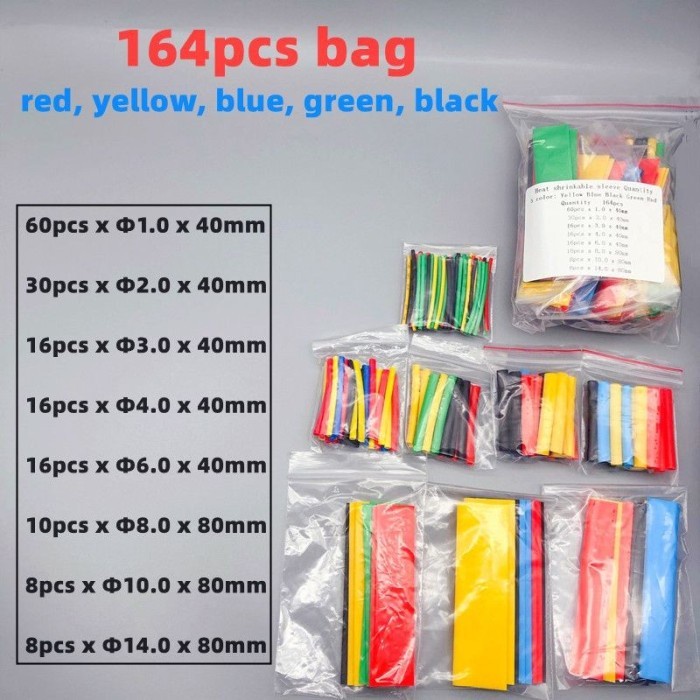 Selang Bakar / Heat Shrink Tube / Selongsong Kabel Bakar / Pelindung Kabel / Selang Kabel / Isolasi Bakar / Heat Shrinkable Sleeve 164 Pcs Universal - foto-sampul