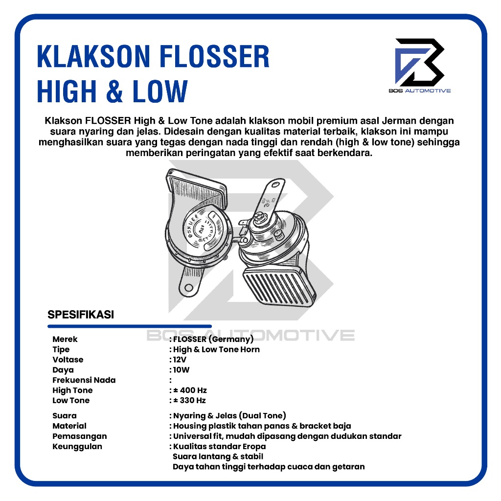 Klakson Keong Mobil Motor FLOSSER BMW Germany Waterproof dengan Kabel Relay Set Klakson 12v Original - foto-produk-3