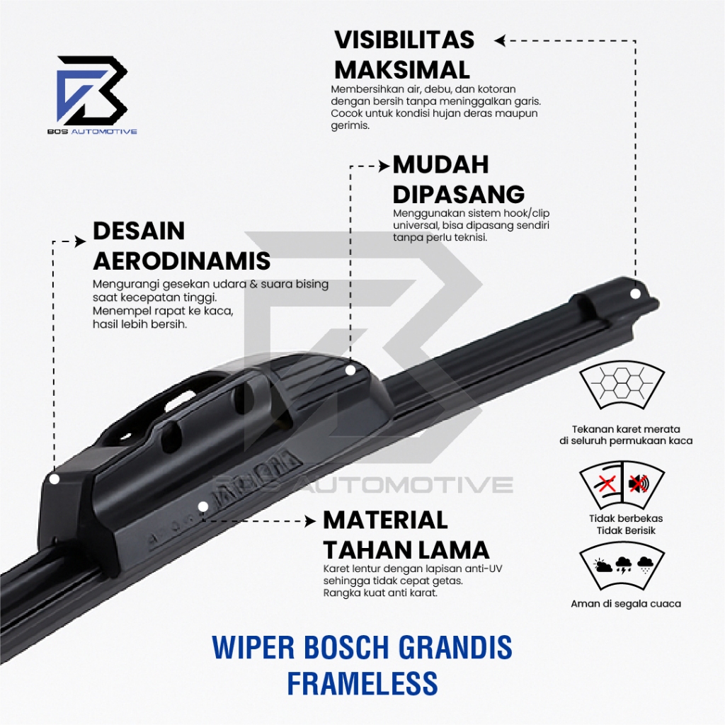 Wiper Blade BOSCH Clear Frameless Karet | Advantage Besi Kipas Kaca Depan Mobil MITSUBISHI STRADA GRANDIS Frame Hook 18" - 18" Inch Original - foto-produk-3