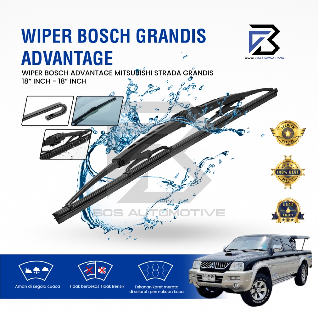 Wiper Blade BOSCH Clear Frameless Karet | Advantage Besi Kipas Kaca Depan Mobil MITSUBISHI STRADA GRANDIS Frame Hook 18" - 18" Inch Original - foto-variasi-1