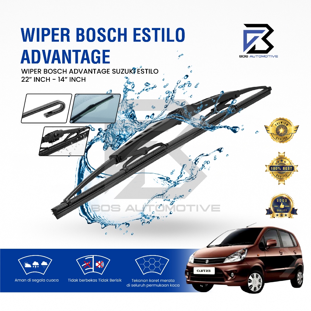Wiper Blade BOSCH Clear Frameless Karet | Advantage Besi Kipas Kaca Depan Mobil SUZUKI ESTILO Frame Hook 22" - 14" Inch Original - foto-variasi-1
