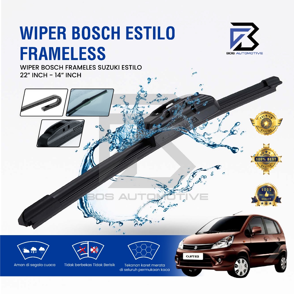 Wiper Blade BOSCH Clear Frameless Karet | Advantage Besi Kipas Kaca Depan Mobil SUZUKI ESTILO Frame Hook 22" - 14" Inch Original - foto-variasi-2