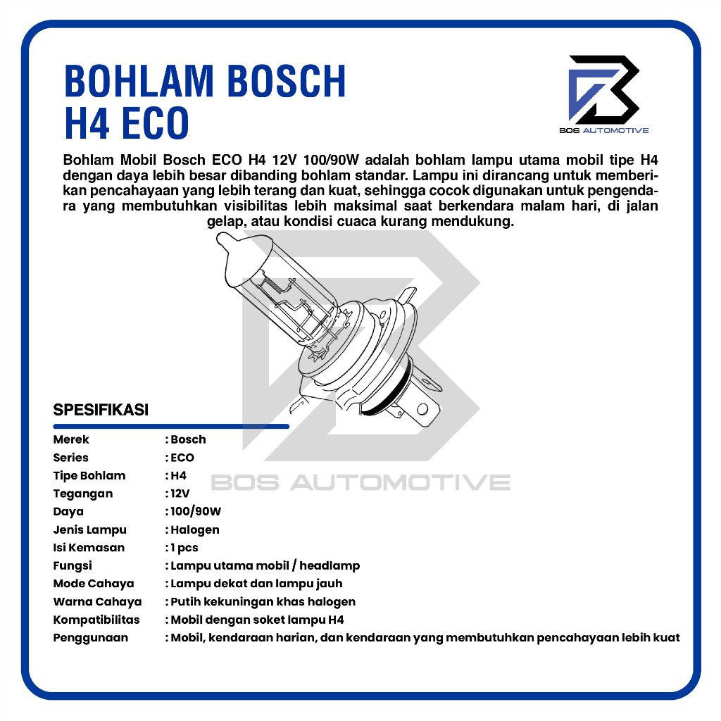 BOHLAM LAMPU MOBIL HALOGEN BOSCH H4 12V 100/90W | 60/55W 12V ORIGINAL HIGH QUALITY - foto-produk-2