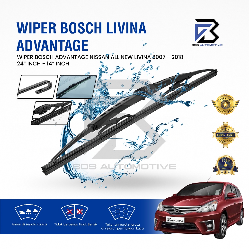 Wiper Blade BOSCH Clear Frameless Karet | Advantage Besi Kipas Kaca Depan Mobil GRAND ALL NEW LIVINA 2007 â€“ 2018 Frame Hook 24" - 14" Inch Original - foto-variasi-1