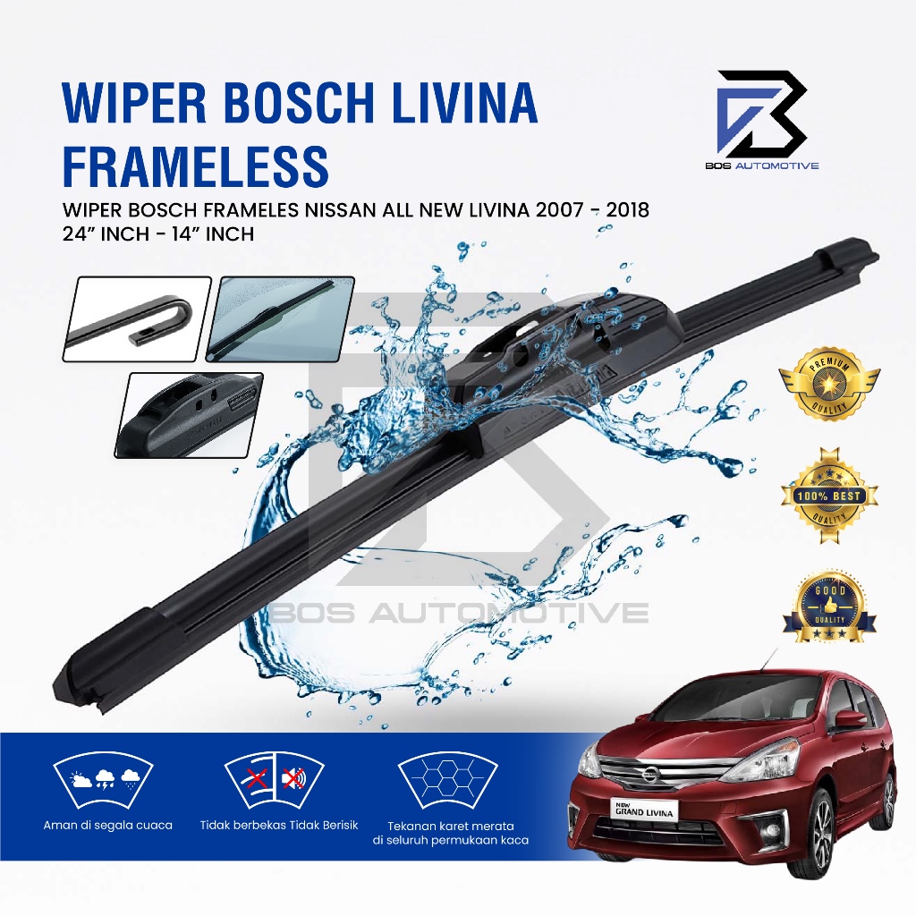 Wiper Blade BOSCH Clear Frameless Karet | Advantage Besi Kipas Kaca Depan Mobil GRAND ALL NEW LIVINA 2007 â€“ 2018 Frame Hook 24" - 14" Inch Original - foto-variasi-2