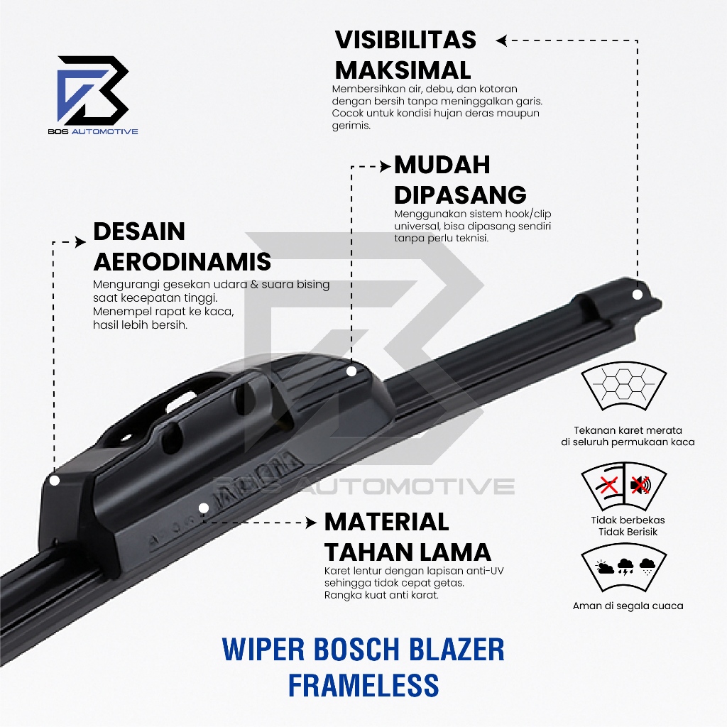 Wiper Blade BOSCH Clear Frameless Karet | Advantage Besi Kipas Kaca Depan Mobil CHEVROLET BLAZER Frame Hook 21" - 19" Inch Original - foto-produk-3