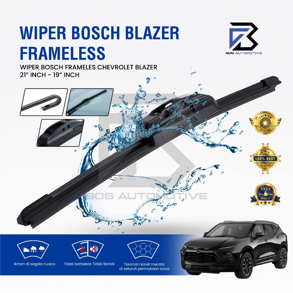 Wiper Blade BOSCH Clear Frameless Karet | Advantage Besi Kipas Kaca Depan Mobil CHEVROLET BLAZER Frame Hook 21" - 19" Inch Original - foto-sampul