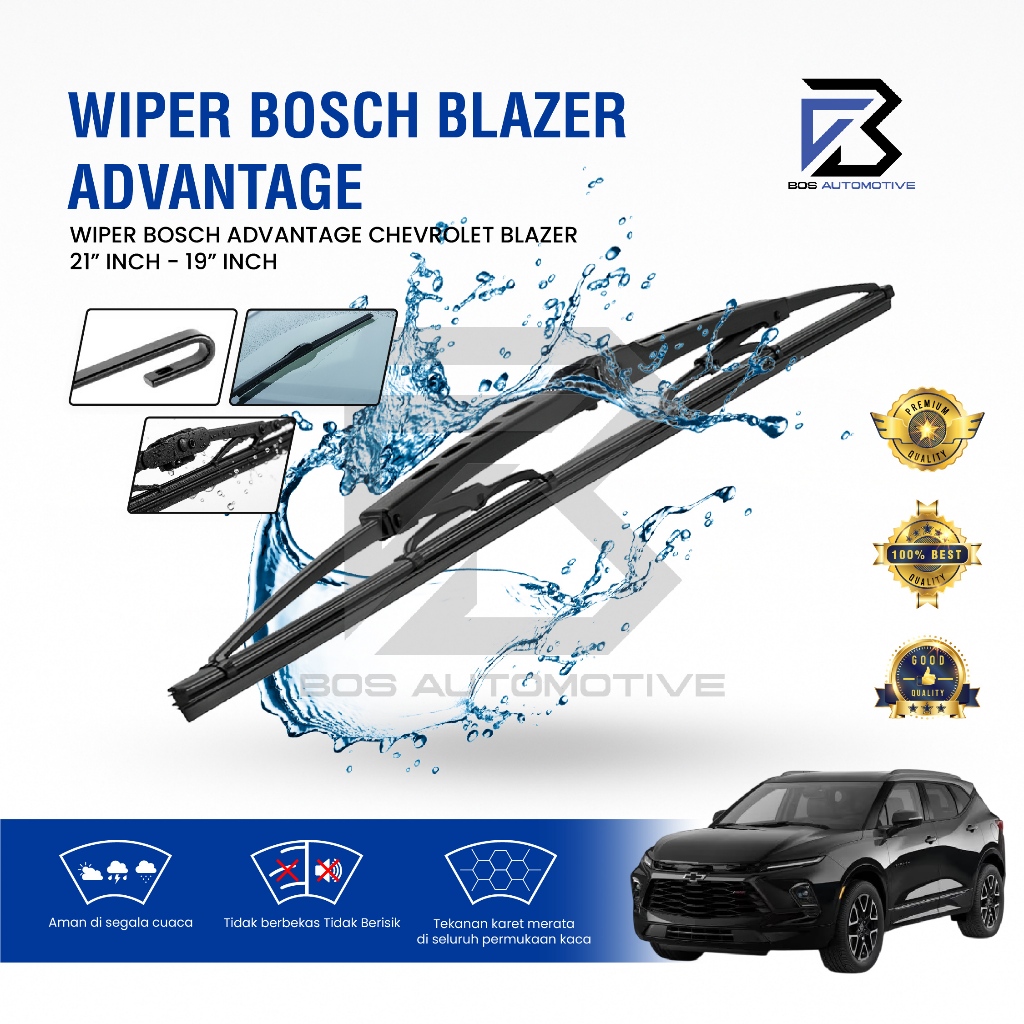 Wiper Blade BOSCH Clear Frameless Karet | Advantage Besi Kipas Kaca Depan Mobil CHEVROLET BLAZER Frame Hook 21" - 19" Inch Original - foto-variasi-1