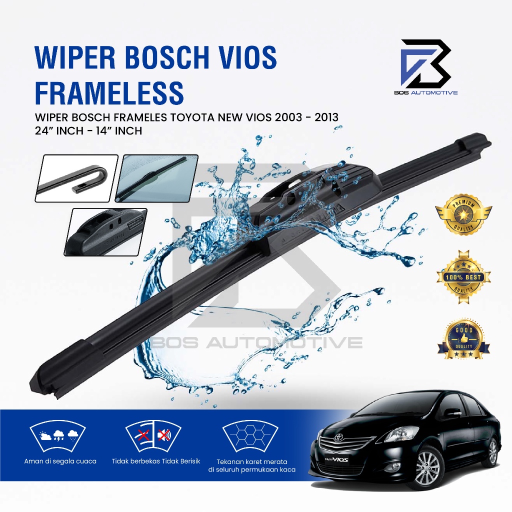 Wiper Blade BOSCH Clear Frameless Karet | Advantage Besi Kipas Kaca Depan Mobil TOYOTA ALL NEW VIOS 2003 â€“ 2013 Frame Hook 24" - 14" Inch Original - foto-variasi-2