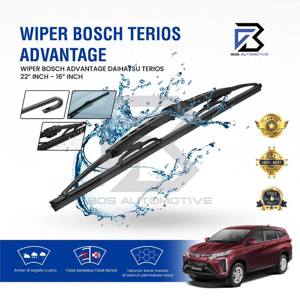 Wiper Blade BOSCH Clear Frameless Karet | Advantage Besi Kipas Kaca Depan Mobil TOYOTA ALL NEW RUSH - DAIHATSU TERIOS Frame Hook 22" - 16" Inch Original - foto-variasi-3