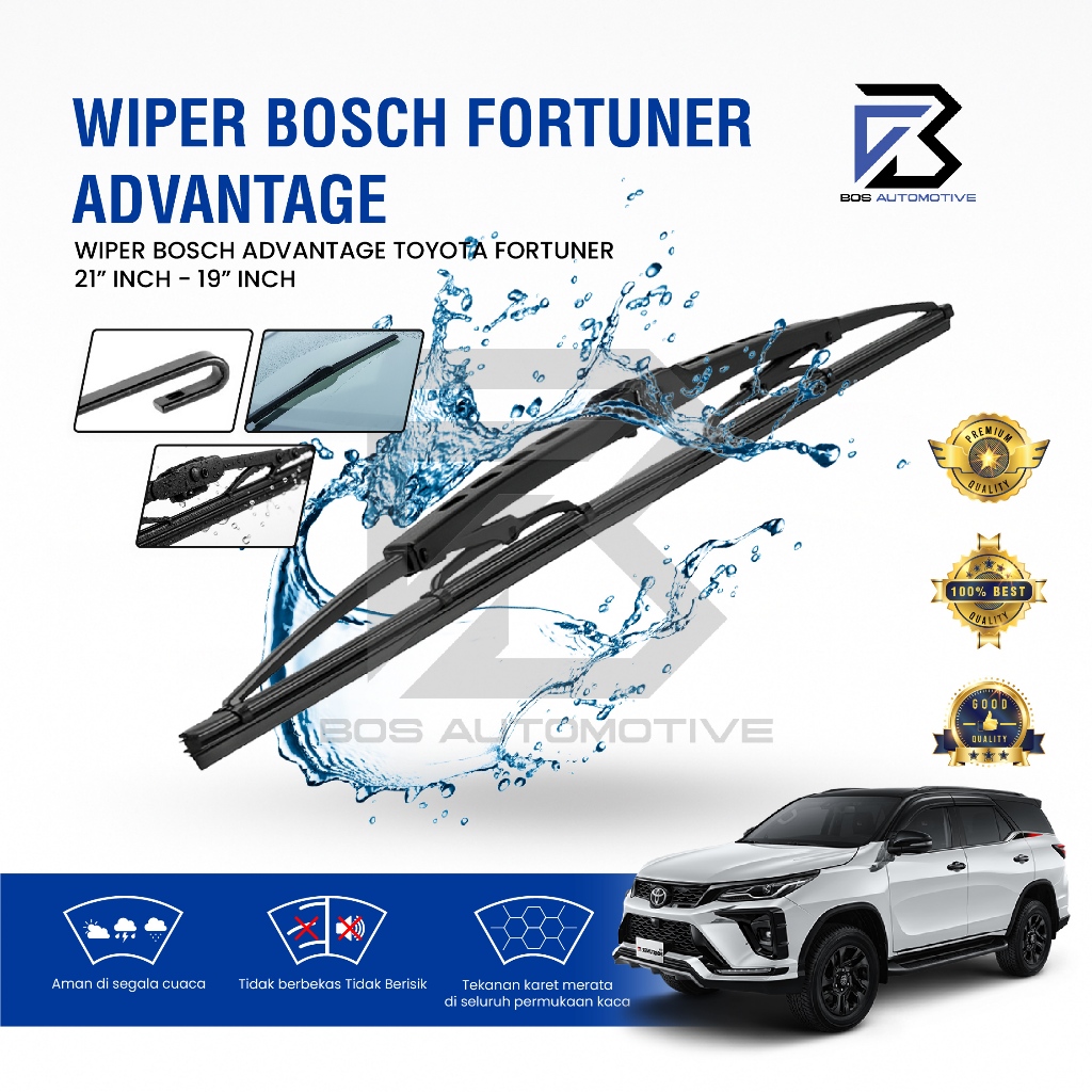 Wiper Blade BOSCH Clear Frameless Karet | Advantage Besi Kipas Kaca Depan Mobil TOYOTA FORTUNER 2005 - 2015 Frame Hook 21" - 19" Inch Original - foto-variasi-1