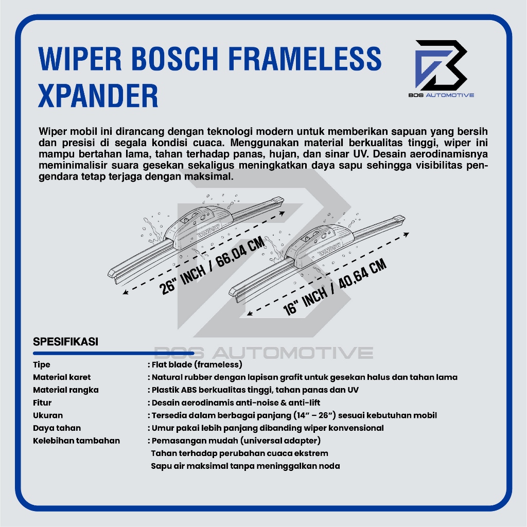 Wiper Blade BOSCH Clear Frameless Karet | Advantage Besi Kipas Kaca Depan Mobil MITSUBISHI XPANDER Frame Hook 26" - 16" Inch Original - foto-produk-2