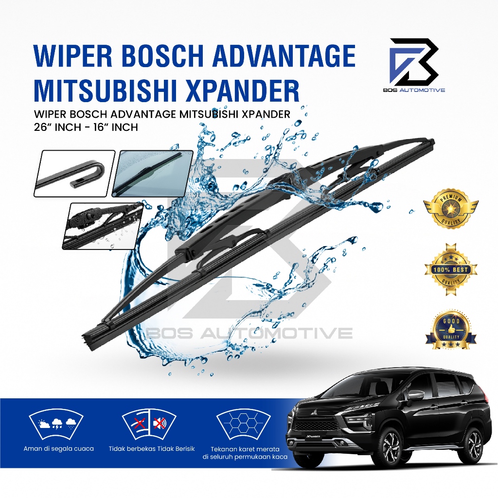 Wiper Blade BOSCH Clear Frameless Karet | Advantage Besi Kipas Kaca Depan Mobil MITSUBISHI XPANDER Frame Hook 26" - 16" Inch Original - foto-variasi-1