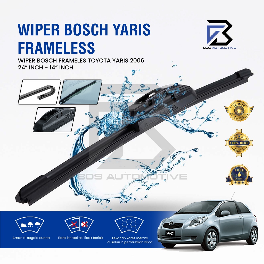 Wiper Blade BOSCH Clear Frameless Karet Kipas Kaca Depan Mobil TOYOTA YARIS Frame Hook 24" - 14" Inch Original - foto-variasi-2