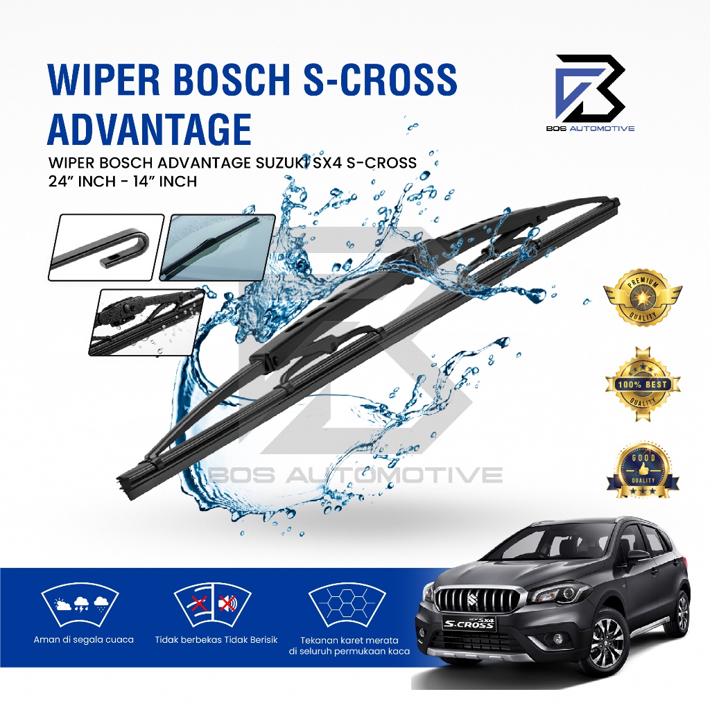 Wiper Blade BOSCH Clear Frameless Karet | Advantage Besi Kipas Kaca Depan Mobil SUZUKI SX4 S-CROSS Frame Hook 24" - 14" Inch Original - foto-variasi-1