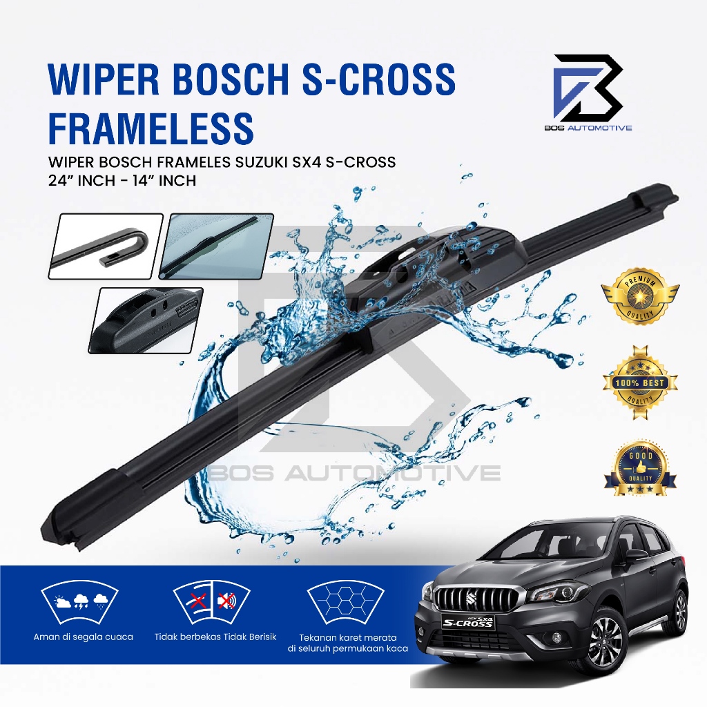 Wiper Blade BOSCH Clear Frameless Karet | Advantage Besi Kipas Kaca Depan Mobil SUZUKI SX4 S-CROSS Frame Hook 24" - 14" Inch Original - foto-variasi-2