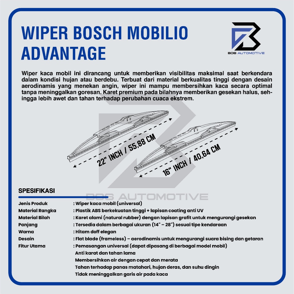 Wiper Blade BOSCH Advantage Besi Kipas Kaca Depan Mobil HONDA MOBILIO Frame Hook 22" - 16" Inch Original - foto-produk-2