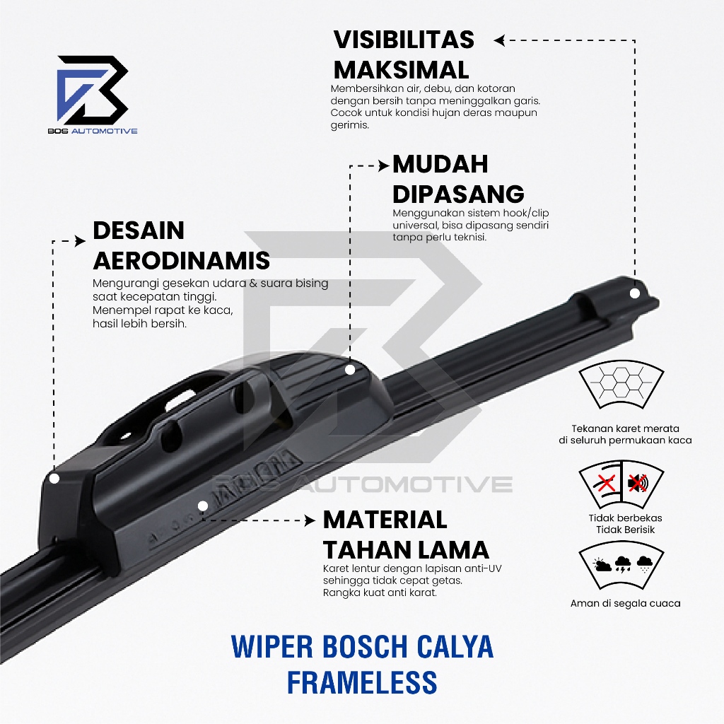 Wiper Blade BOSCH Clear Frameless Karet Kipas Kaca Depan Mobil TOYOTA CALYA - DAIHATSU SIGRA Frame Hook 22" - 17" Inch Original - foto-produk-3