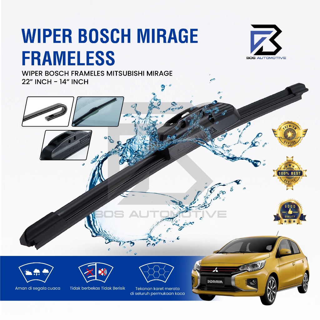Wiper Blade Bosch Clear Frameless Karet Kipas Kaca Depan Mobil MITSUBISHI MIRAGE Frame Hook 22" - 14" Inch Original - foto-variasi-2