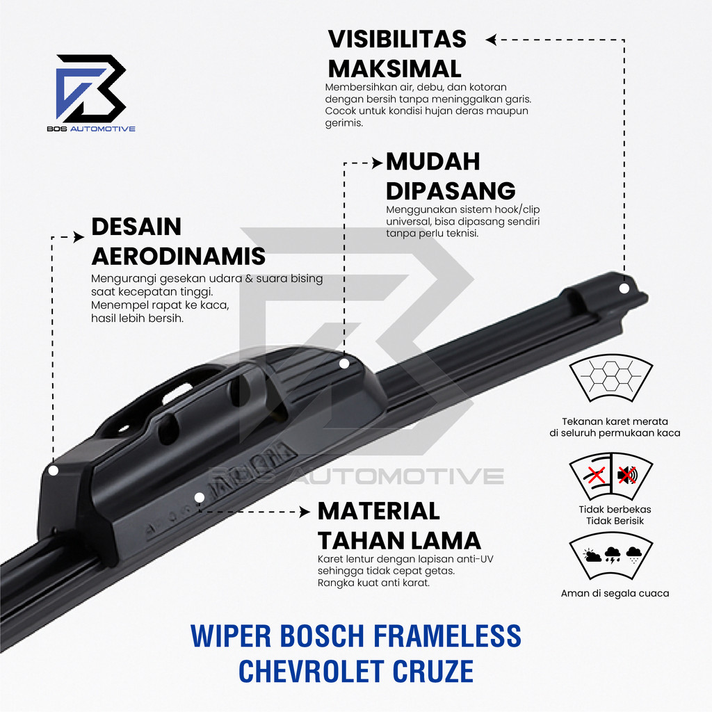 Wiper Blade Bosch Clear Frameless / Karet / Kipas Kaca Depan Mobil Mobil CHEVROLET CRUZE / Frame Hook 24" â€“ 18â€ Inch Original - foto-produk-3
