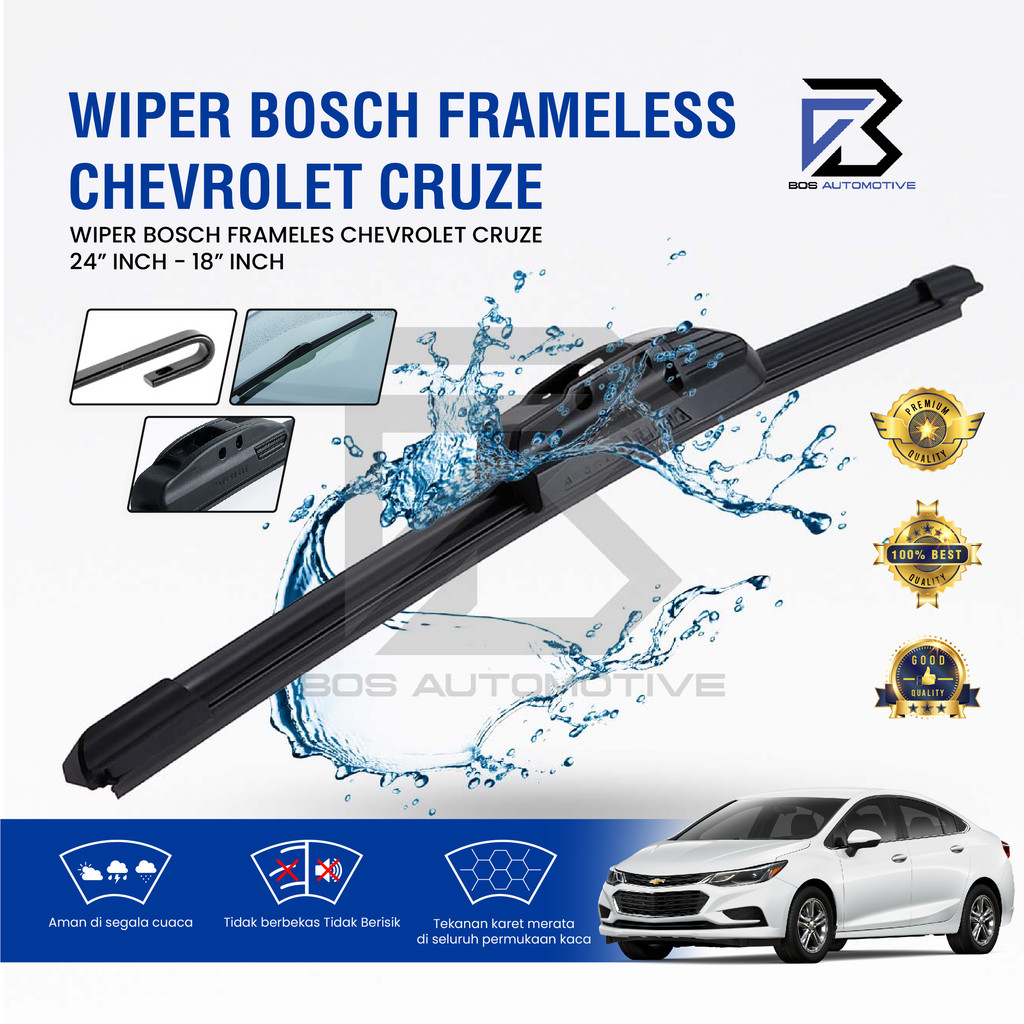 Wiper Blade Bosch Clear Frameless / Karet / Kipas Kaca Depan Mobil Mobil CHEVROLET CRUZE / Frame Hook 24" â€“ 18â€ Inch Original - foto-sampul
