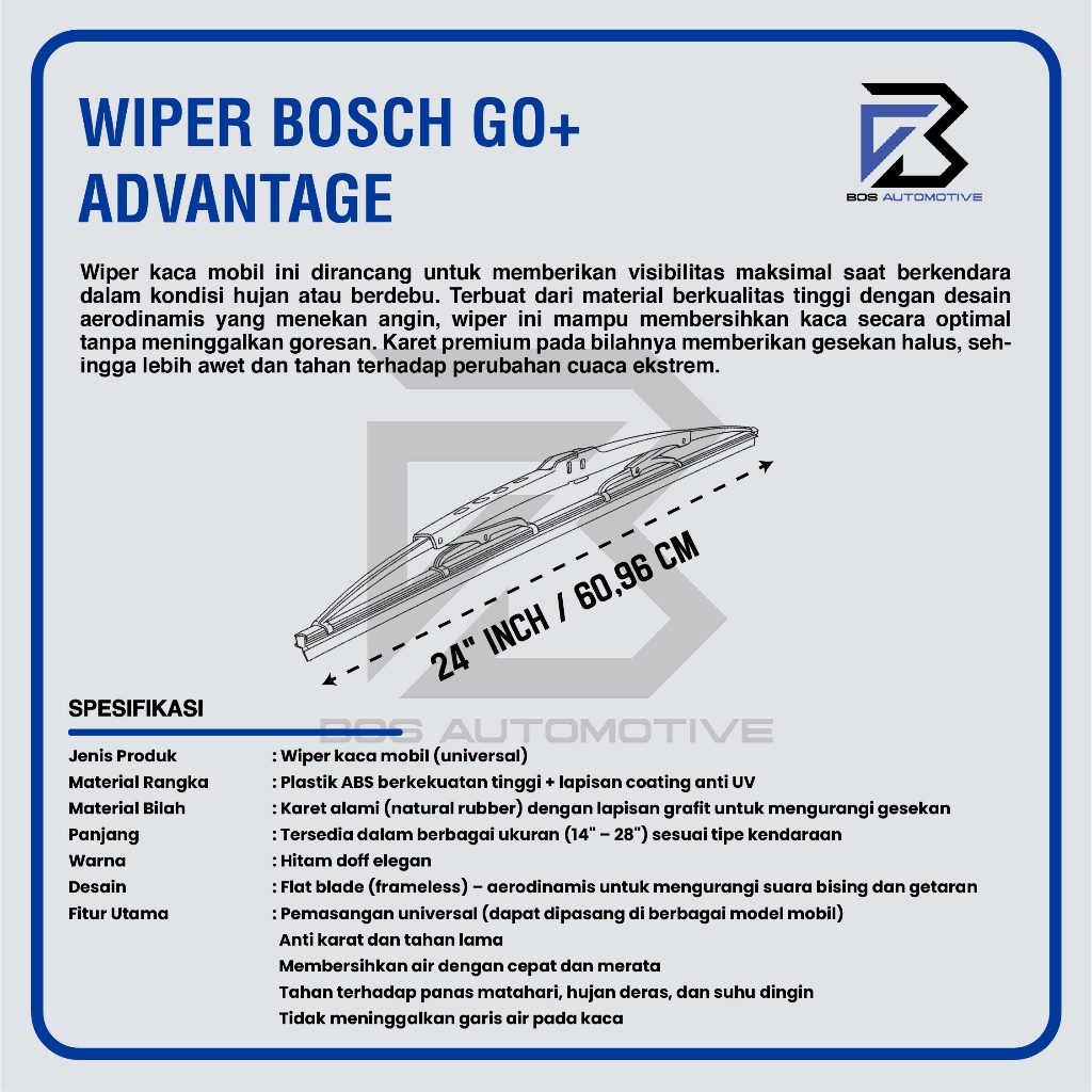 Wiper Blade BOSCH Advantage Besi | Clear Frameless Karet Kipas Kaca Depan Mobil DATSUN GO+ Frame Hook 24" Inch Original - foto-produk-2