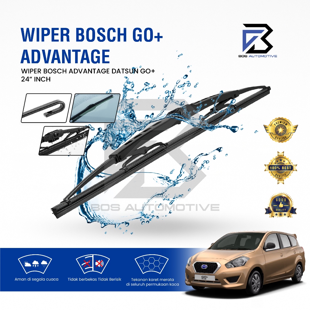 Wiper Blade BOSCH Advantage Besi | Clear Frameless Karet Kipas Kaca Depan Mobil DATSUN GO+ Frame Hook 24" Inch Original