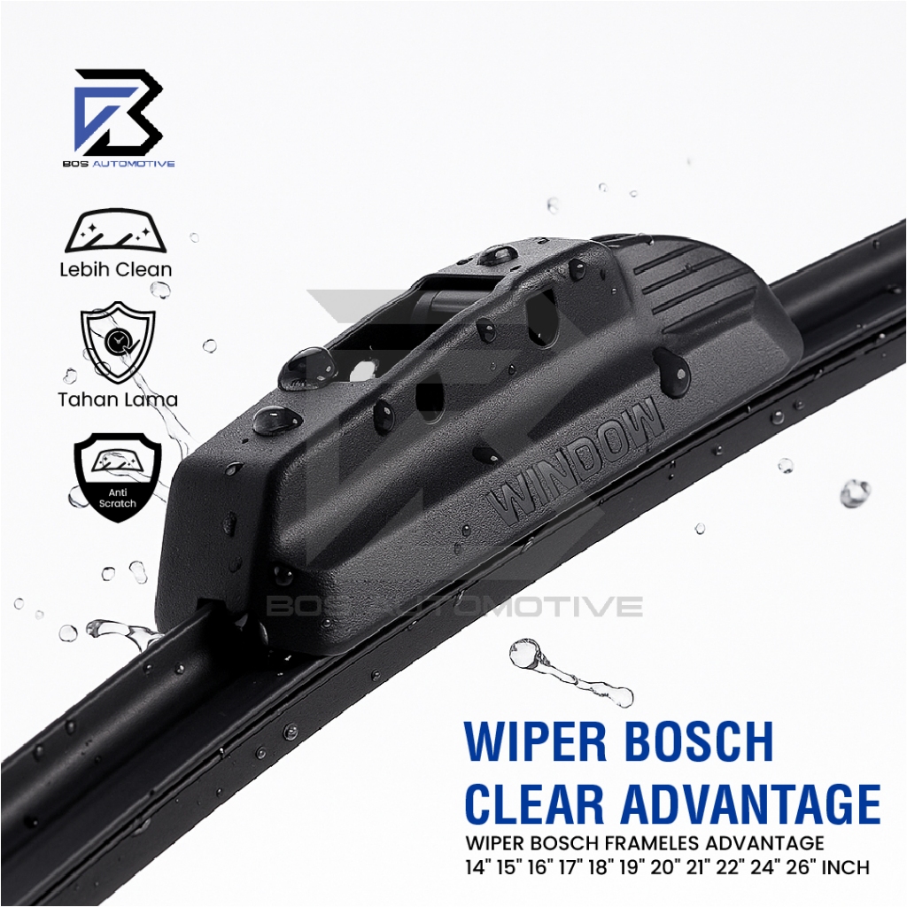 Wiper Blade BOSCH Frameless Clear Advantage Aerofit Pisang Full Karet Kipas Kaca Depan Mobil Frame Hook 14" 15" 16" 17" 18" 19" 20" 21" 22" 24" 26" Inch Original - foto-produk-1