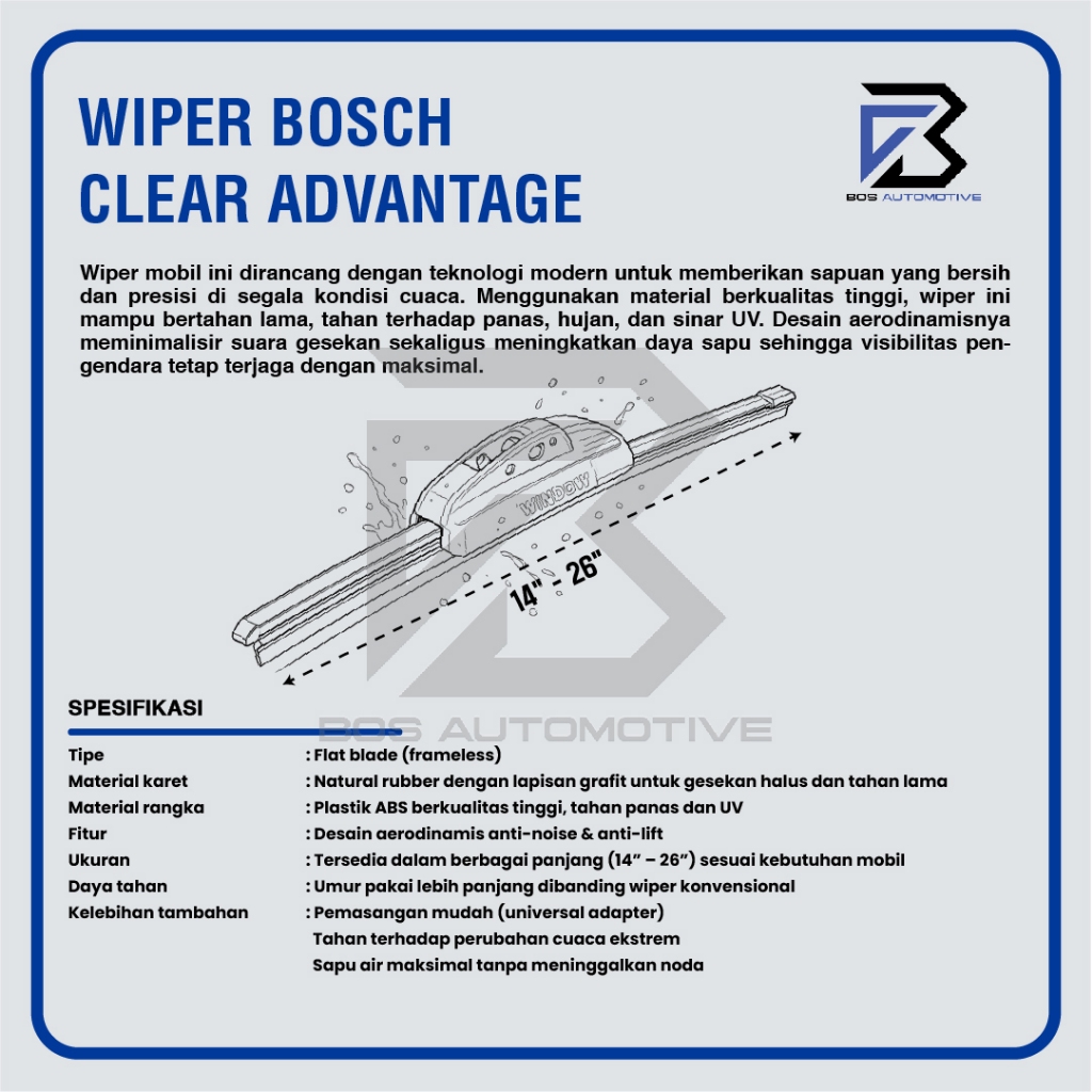 Wiper Blade BOSCH Frameless Clear Advantage Aerofit Pisang Full Karet Kipas Kaca Depan Mobil Frame Hook 14" 15" 16" 17" 18" 19" 20" 21" 22" 24" 26" Inch Original - foto-produk-2
