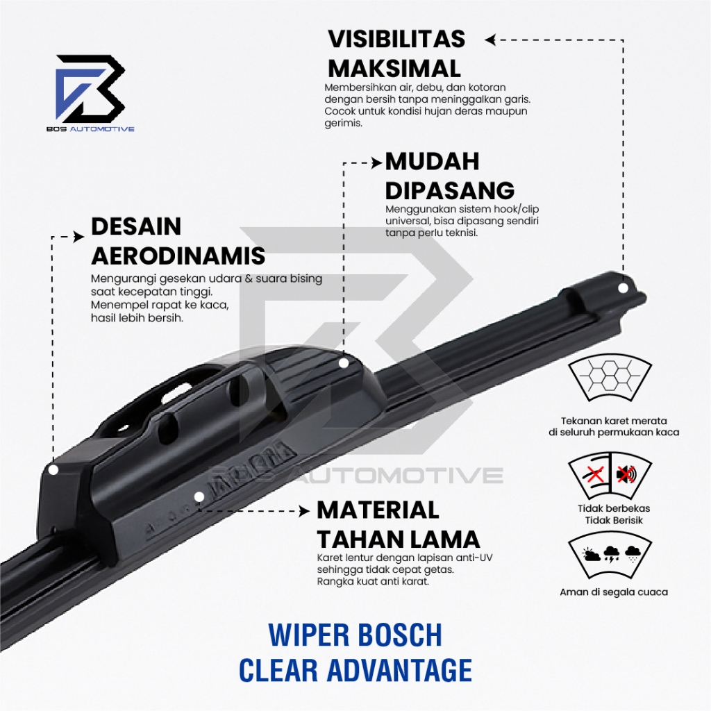 Wiper Blade BOSCH Frameless Clear Advantage Aerofit Pisang Full Karet Kipas Kaca Depan Mobil Frame Hook 14" 15" 16" 17" 18" 19" 20" 21" 22" 24" 26" Inch Original - foto-produk-3
