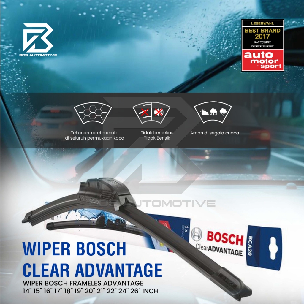 Wiper Blade BOSCH Frameless Clear Advantage Aerofit Pisang Full Karet Kipas Kaca Depan Mobil Frame Hook 14" 15" 16" 17" 18" 19" 20" 21" 22" 24" 26" Inch Original - foto-produk-4