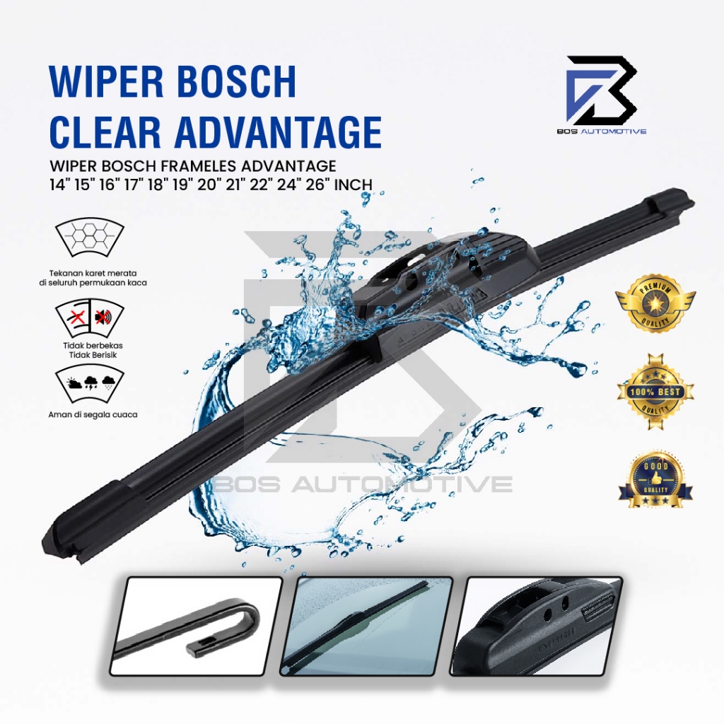 Wiper Blade BOSCH Frameless Clear Advantage Aerofit Pisang Full Karet Kipas Kaca Depan Mobil Frame Hook 14" 15" 16" 17" 18" 19" 20" 21" 22" 24" 26" Inch Original