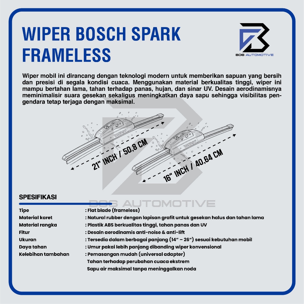 Wiper Blade BOSCH Clear Frameless Karet | Advantage Besi Kipas Kaca Depan Mobil CHEVROLET SPARK Frame Hook 21" - 16" Inch Original - foto-produk-2