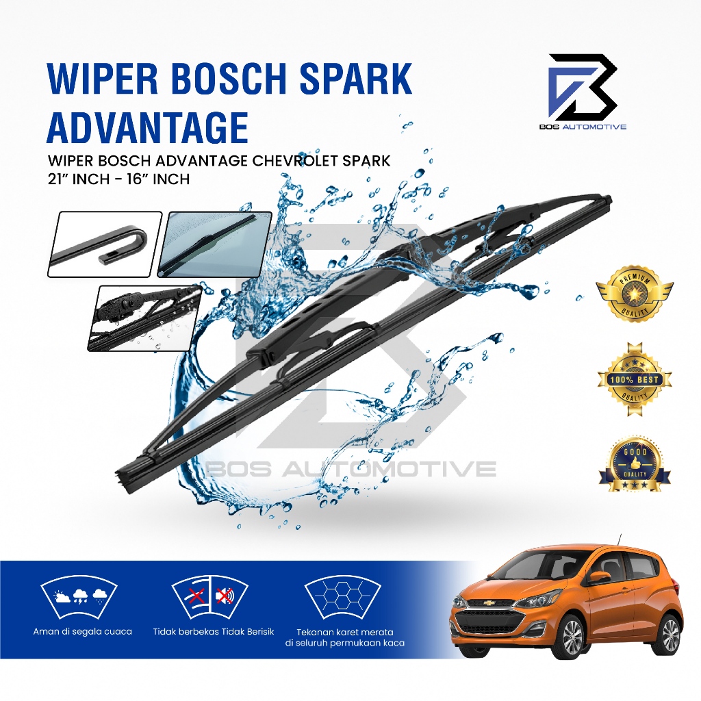 Wiper Blade BOSCH Clear Frameless Karet | Advantage Besi Kipas Kaca Depan Mobil CHEVROLET SPARK Frame Hook 21" - 16" Inch Original - foto-variasi-1