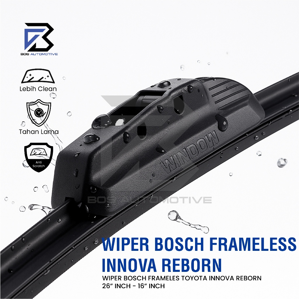 Wiper Blade BOSCH Clear Frameless Karet Kaca Depan Mobil TOYOTA INNOVA REBORN 2015 - 2022 Frame Hook 26" - 16" Inch Original - foto-produk-1