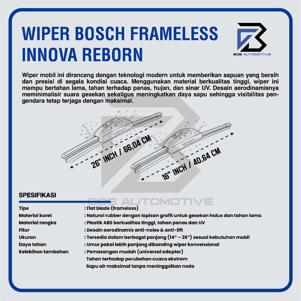 Wiper Blade BOSCH Clear Frameless Karet Kaca Depan Mobil TOYOTA INNOVA REBORN 2015 - 2022 Frame Hook 26" - 16" Inch Original - foto-produk-2