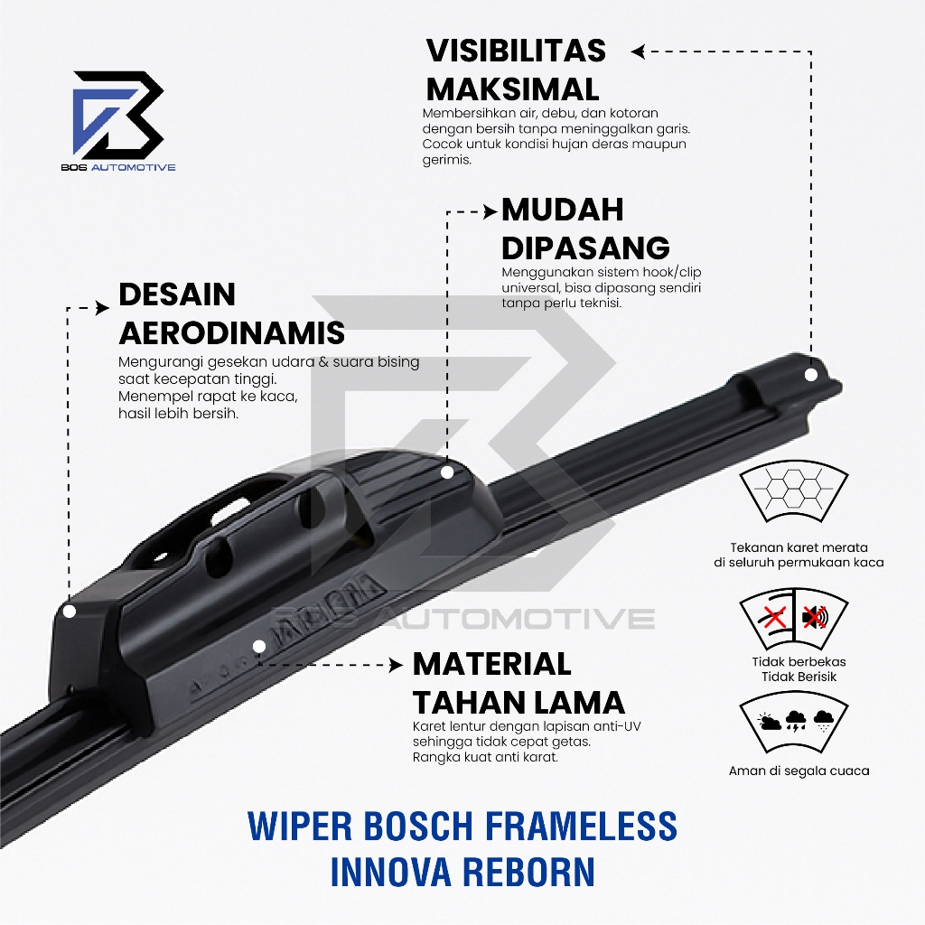 Wiper Blade BOSCH Clear Frameless Karet Kaca Depan Mobil TOYOTA INNOVA REBORN 2015 - 2022 Frame Hook 26" - 16" Inch Original - foto-produk-3
