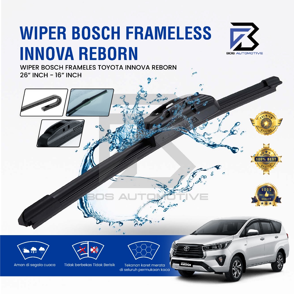 Wiper Blade BOSCH Clear Frameless Karet Kaca Depan Mobil TOYOTA INNOVA REBORN 2015 - 2022 Frame Hook 26" - 16" Inch Original
