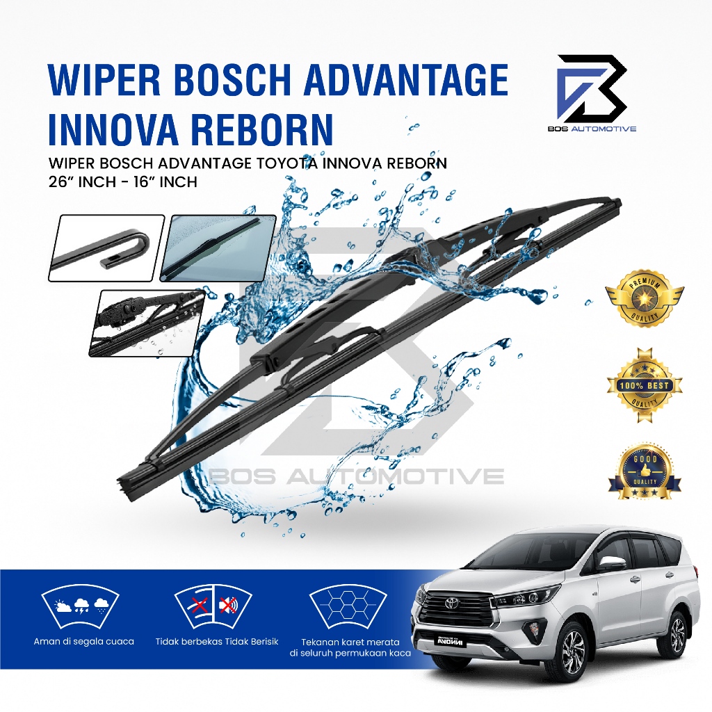 Wiper Blade BOSCH Clear Frameless Karet Kaca Depan Mobil TOYOTA INNOVA REBORN 2015 - 2022 Frame Hook 26" - 16" Inch Original - foto-variasi-2