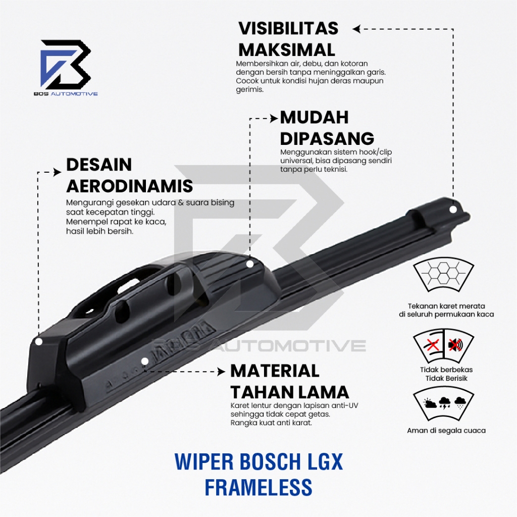 Wiper Blade BOSCH Clear Frameless Karet Kipas Kaca Depan Mobil TOYOTA KIJANG 2000 - 2004 Frame Hook 18" - 18" Inch Original - foto-produk-3