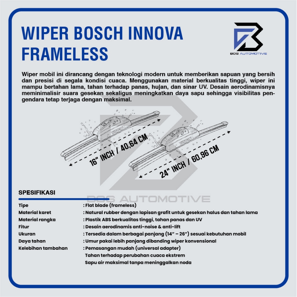Wiper Blade BOSCH Clear Frameless Karet Kipas Kaca Depan Mobil TOYOTA INNOVA LAMA Frame Hook 2004 â€“ 2015 Original - foto-produk-2
