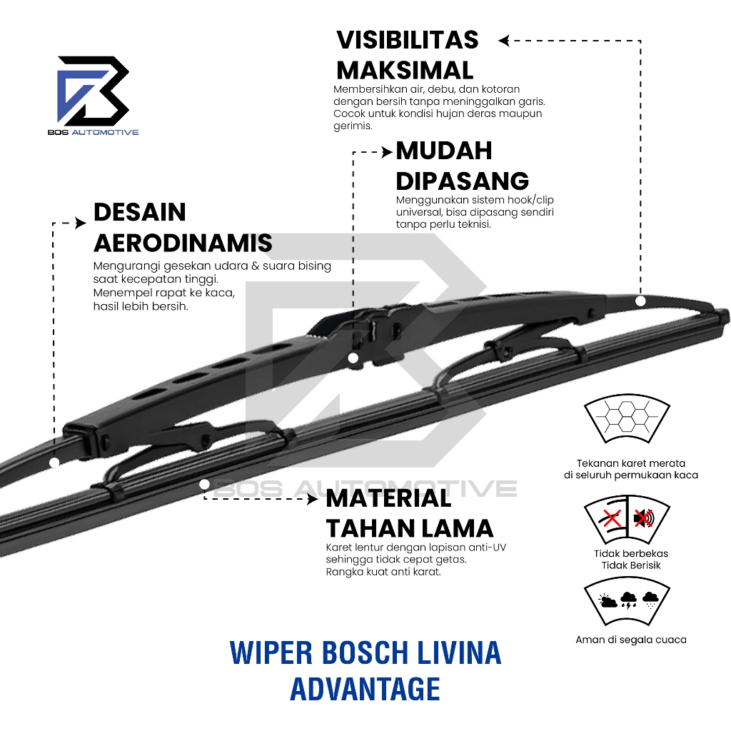 Wiper Blade BOSCH Advantage Besi Kipas Kaca Depan Mobil NISSAN GRAND LIVINA 2007 â€“ 2018 Frame Hook 24" - 14" Inch Original - foto-produk-3