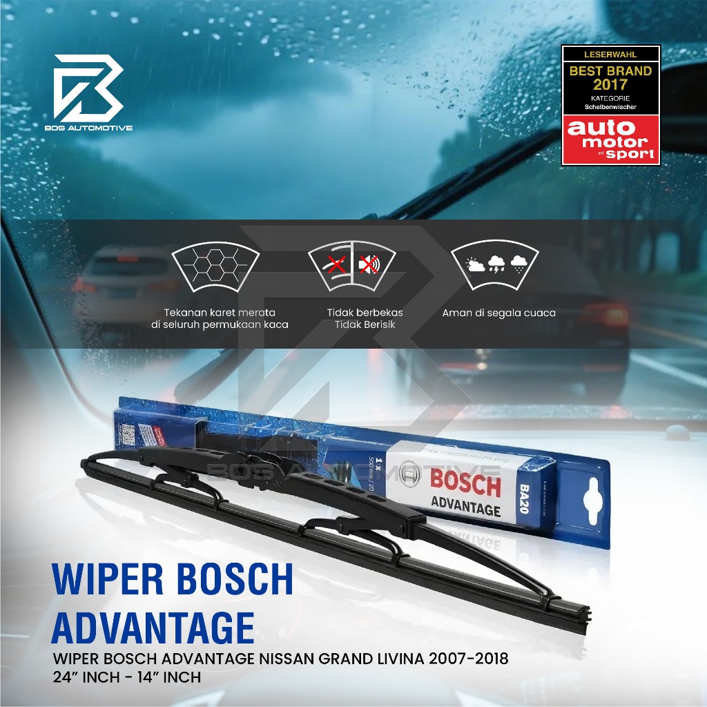 Wiper Blade BOSCH Advantage Besi Kipas Kaca Depan Mobil NISSAN GRAND LIVINA 2007 â€“ 2018 Frame Hook 24" - 14" Inch Original - foto-produk-4