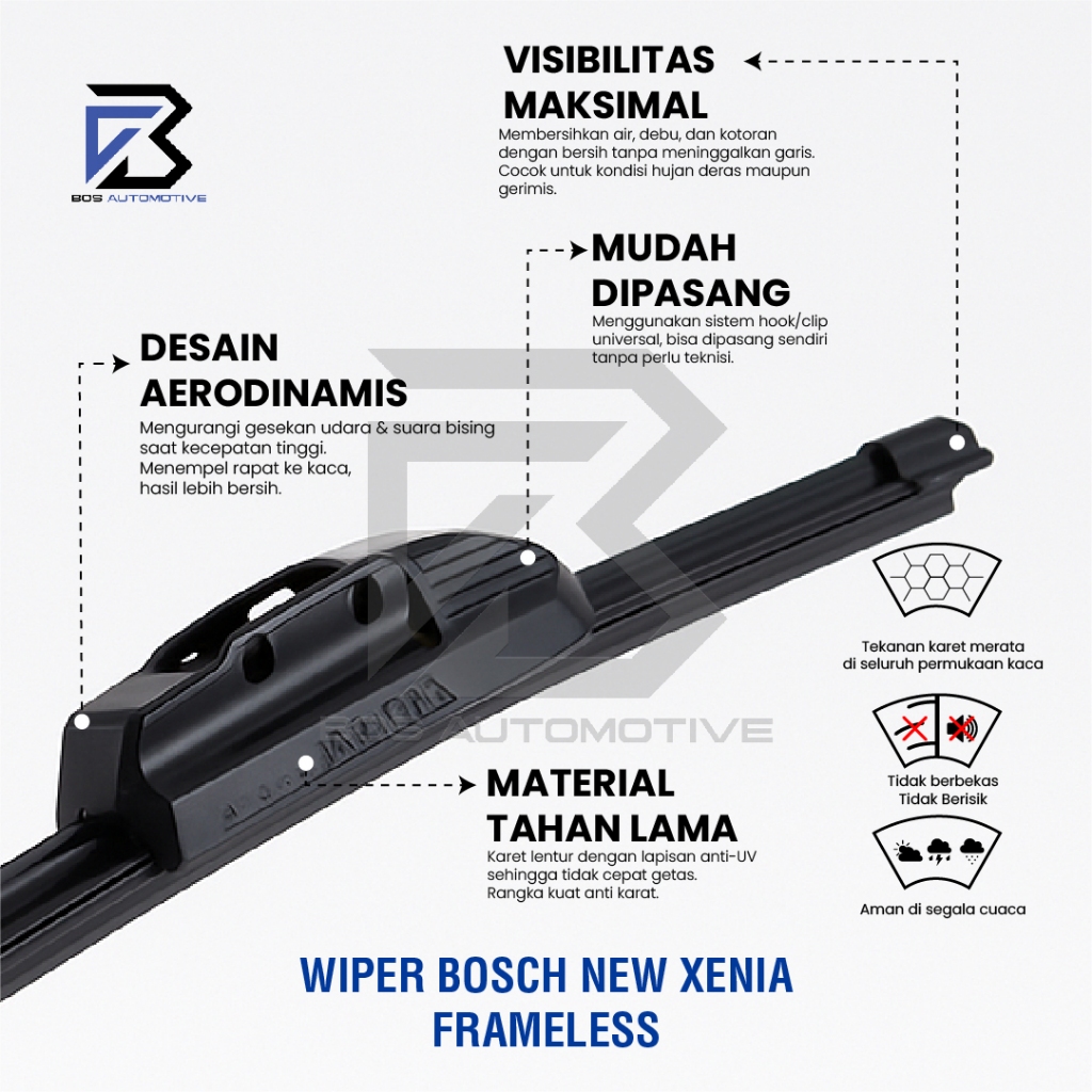 Wiper Blade BOSCH Clear Frameless Karet | Advantage Besi Kipas Kaca Depan Mobil DAIHATSU NEW XENIA Frame Hook 20" - 16" Inch Original - foto-produk-3