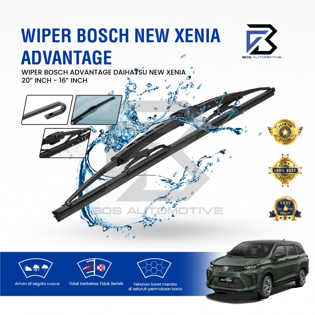 Wiper Blade BOSCH Clear Frameless Karet | Advantage Besi Kipas Kaca Depan Mobil DAIHATSU NEW XENIA Frame Hook 20" - 16" Inch Original - foto-variasi-1