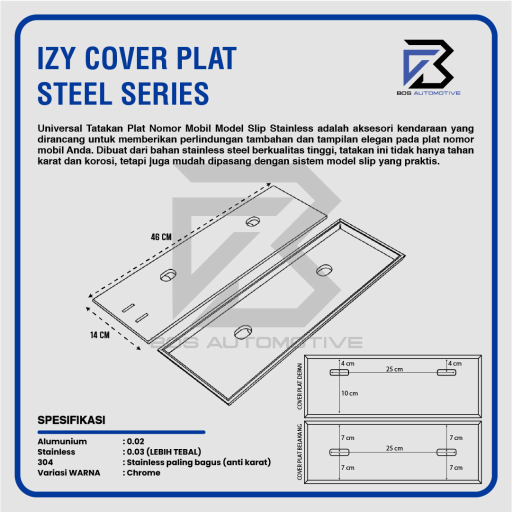 IZY Stainless Steel Series Cover Plat Nomor Mobil Slip On Stainless Steel Mirror untuk Alphard, Vellfire, Lexus, Elgrand & Hyundai H1 - foto-produk-3