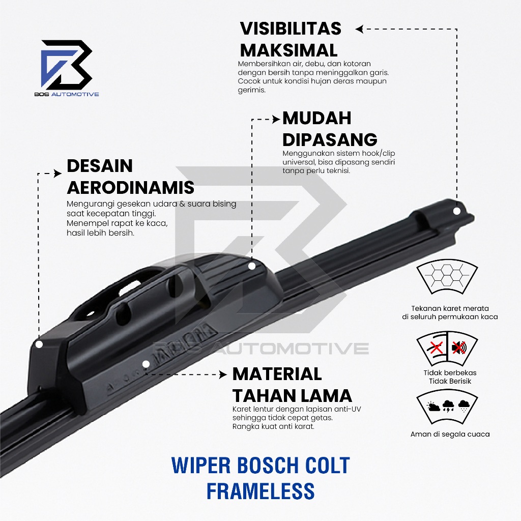 Wiper Blade BOSCH Clear Frameless Karet | Advantage Besi Kipas Kaca Depan Mobil MITSUBISHI COLT T120SS Frame Hook 18" - 18" Inch Original - foto-produk-3