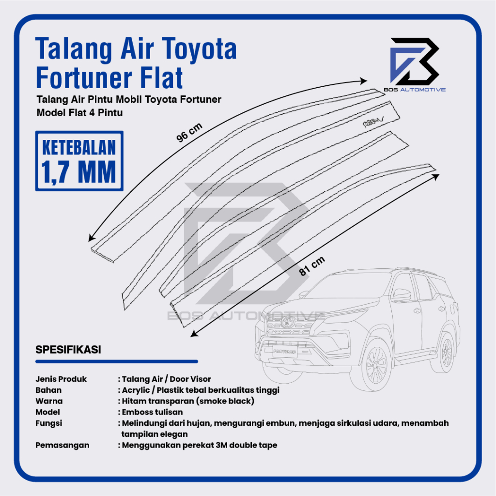 Talang Air Pintu Mobil Toyota All New Fortuner 2016 â€“ 2022 Model Flat Rata Aklirik High Quality - foto-produk-2